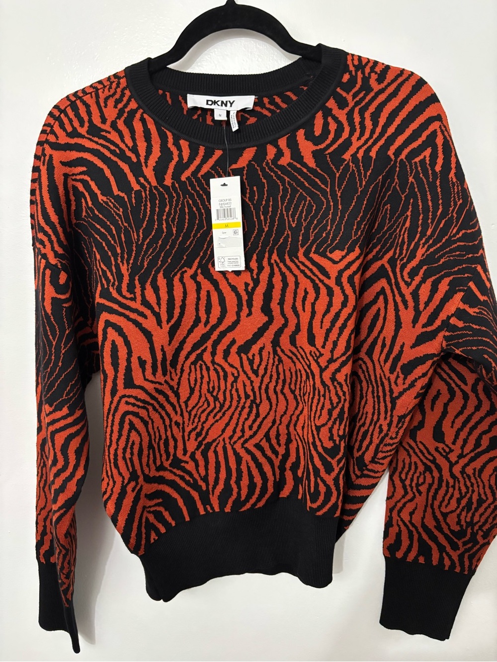 DKNY Orange and Black Zebra-Print Crewneck Sweater size Medium